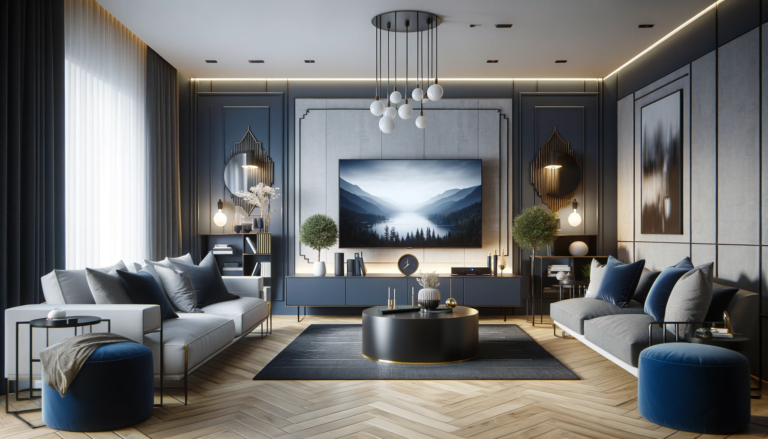 Blue-accent media room — AI illustration