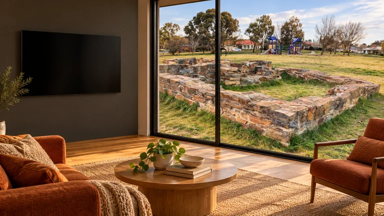Amaroo — Room concept with a wall-mounted TV and a view inspired by Crinigan's Hut ruins.