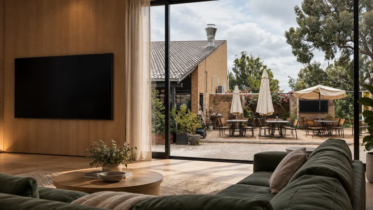 Aranda — Room concept with a wall-mounted TV and a view inspired by Two Before Ten courtyard at Aranda shops.