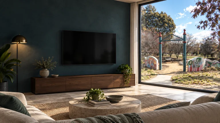 Banks — Room concept with a wall-mounted TV and a view inspired by Beau and Jessi Park entrance.