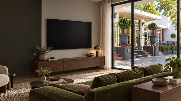 Barton — Room concept with a wall-mounted TV and a view inspired by Hotel Kurrajong entrance.