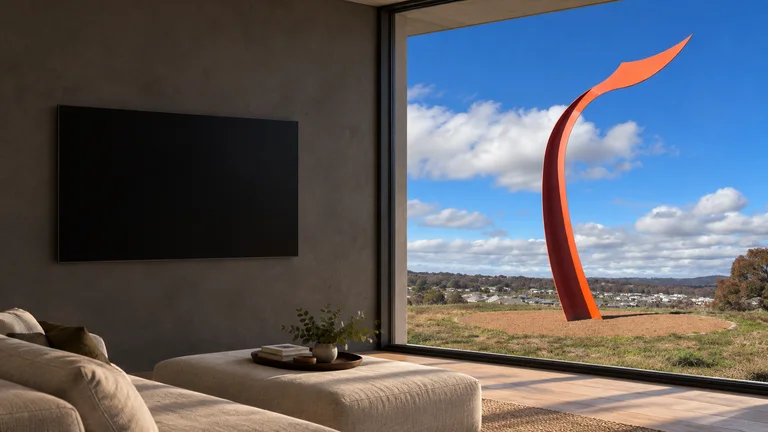 Bonner — Room concept with a wall-mounted TV and a view inspired by Bonner hilltop steel beacon sculpture.