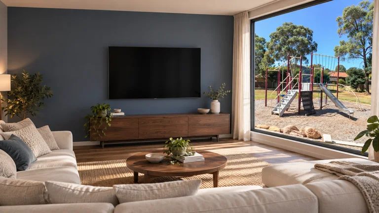 Bonython — Room concept with a wall-mounted TV and a view inspired by Morice Place playground.