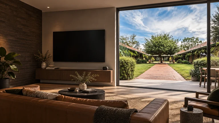 Braddon — Room concept with a wall-mounted TV and a view inspired by Gorman House courtyard.