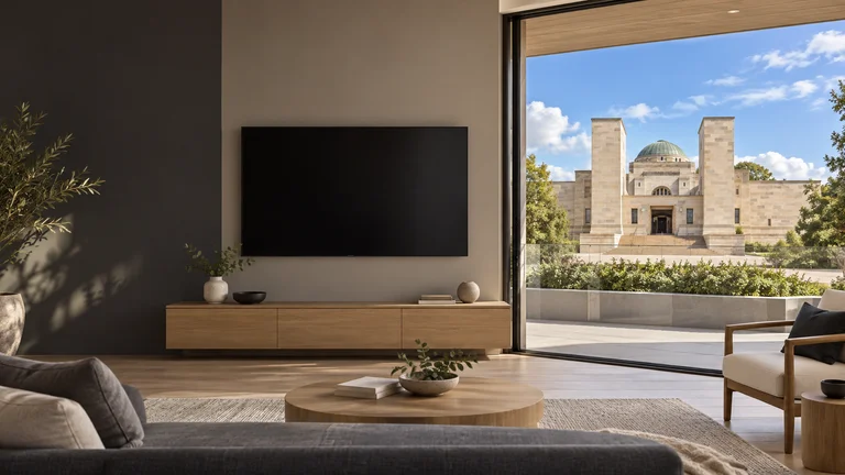 Campbell — Room concept with a wall-mounted TV and a view inspired by Australian War Memorial.