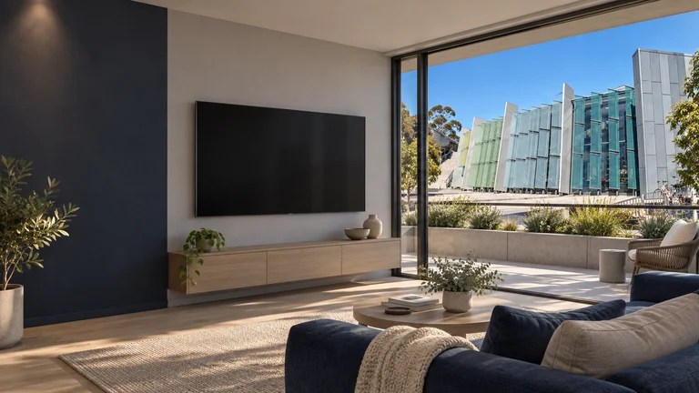 Canberra City — Room concept with a wall-mounted TV and a view inspired by Civic Library at Civic Square.