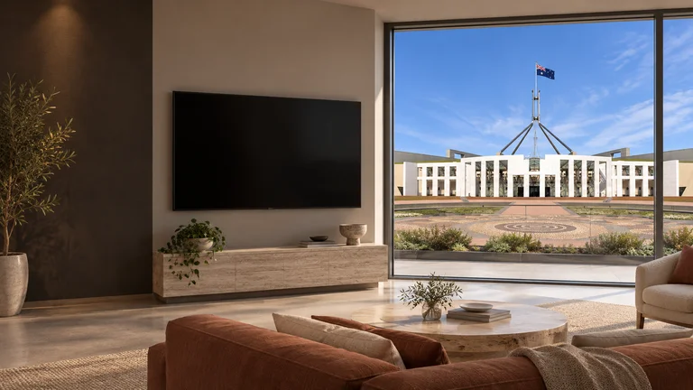 Capital Hill — Room concept with a wall-mounted TV and a view inspired by Australian Parliament House.
