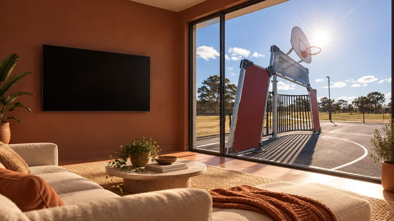Casey — Room concept with a wall-mounted TV and a view inspired by Casey community recreation park sports court.