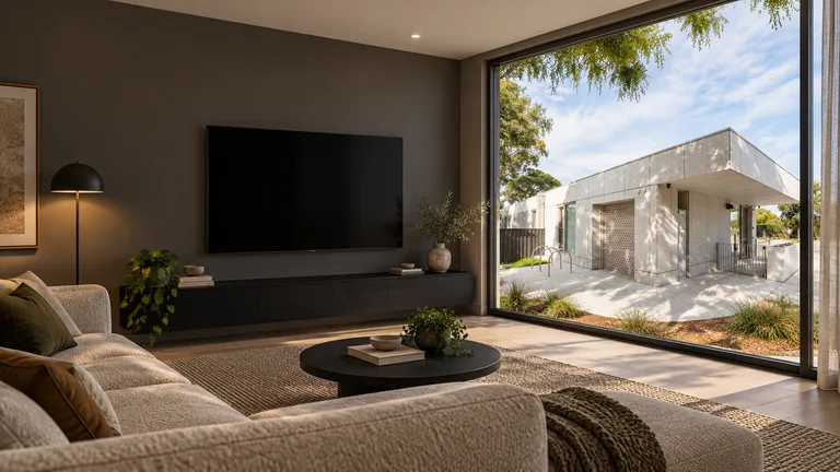 Chapman — Room concept with a wall-mounted TV and a view inspired by Chapman Early Learning Centre entrance pavilion.