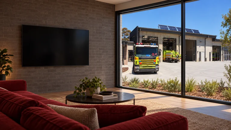 Charnwood — Room concept with a wall-mounted TV and a view inspired by West Belconnen Ambulance and Fire Station.