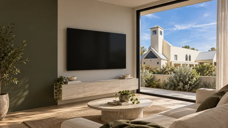 Chifley — Room concept with a wall-mounted TV and a view inspired by Calvary Chapel.