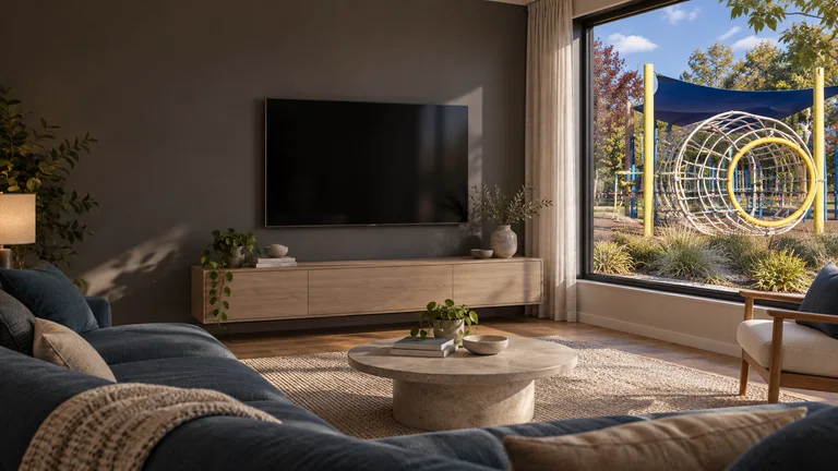 Chisholm — Room concept with a wall-mounted TV and a view inspired by Alston Street playground rope tunnel.