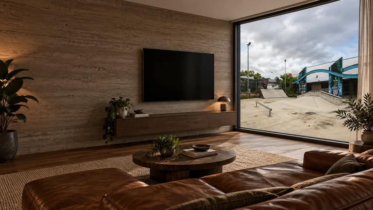 Conder — Room concept with a wall-mounted TV and a view inspired by Lanyon Skatepark.