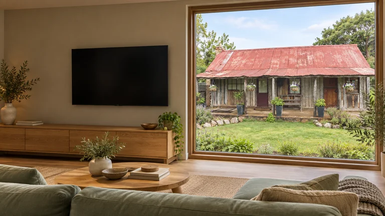 Cook — Room concept with a wall-mounted TV and a view inspired by Rosebud Cottage.