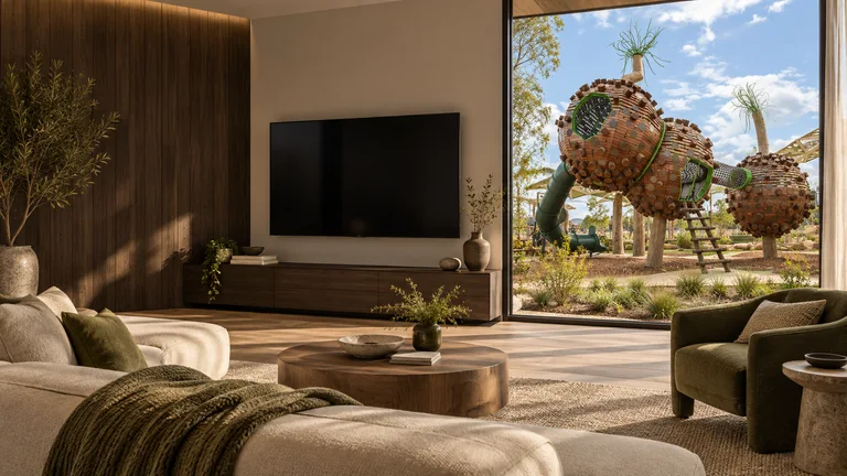 Coombs — Room concept with a wall-mounted TV and a view inspired by Ruth Park Playground timber pods.