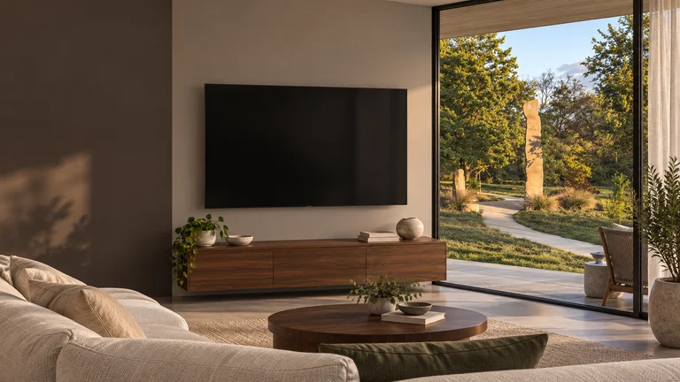 Curtin — Room concept with a wall-mounted TV and a view inspired by Woden Flood Memorial.