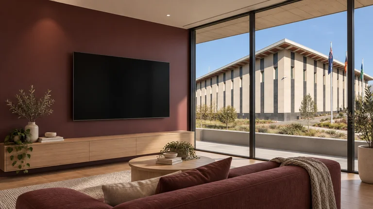 Deakin — Room concept with a wall-mounted TV and a view inspired by Royal Australian Mint.