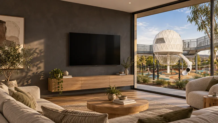 Denman Prospect — Room concept with a wall-mounted TV and a view inspired by Denman Village Playground observatory dome.