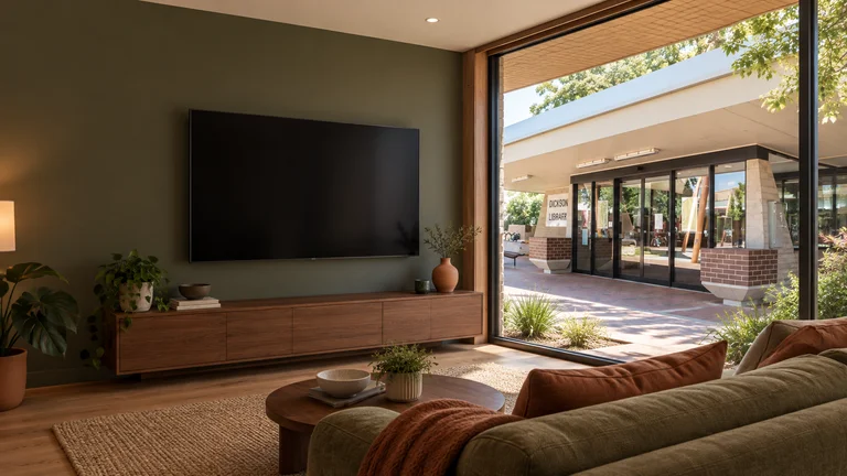 Dickson — Room concept with a wall-mounted TV and a view inspired by Dickson Library.