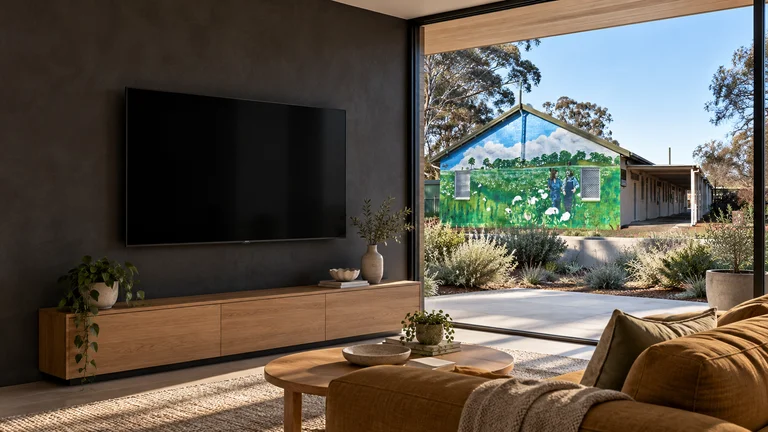 Downer — Room concept with a wall-mounted TV and a view inspired by Downer Community Centre mural.
