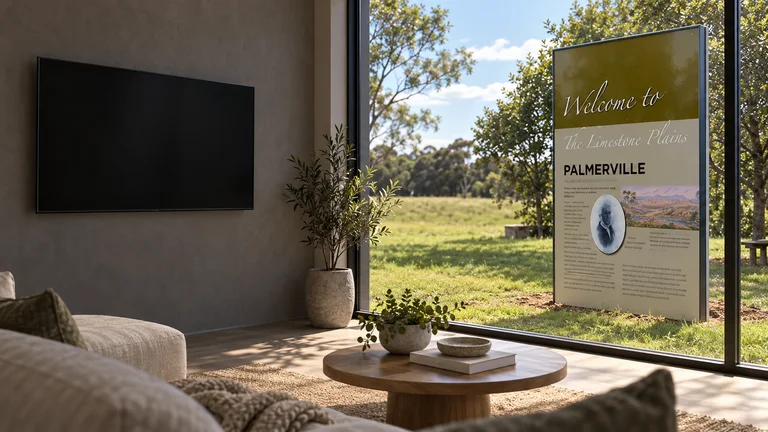 Evatt — Room concept with a wall-mounted TV and a view inspired by Palmerville Heritage Park entrance marker.