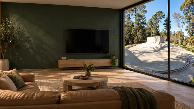 Fadden — Room concept with a wall-mounted TV and a view inspired by Fadden Pines skatepark.