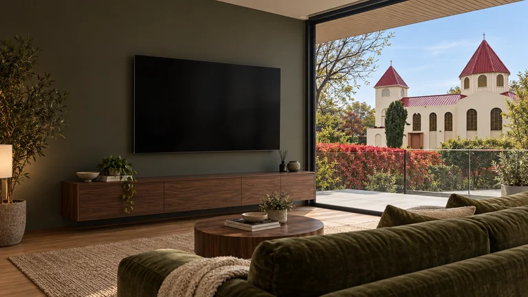 Farrer — Room concept with a wall-mounted TV and a view inspired by St Sava Serbian Orthodox Church.