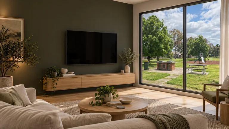 Fisher — Room concept with a wall-mounted TV and a view inspired by Araluen Street Fisher Oval playground.