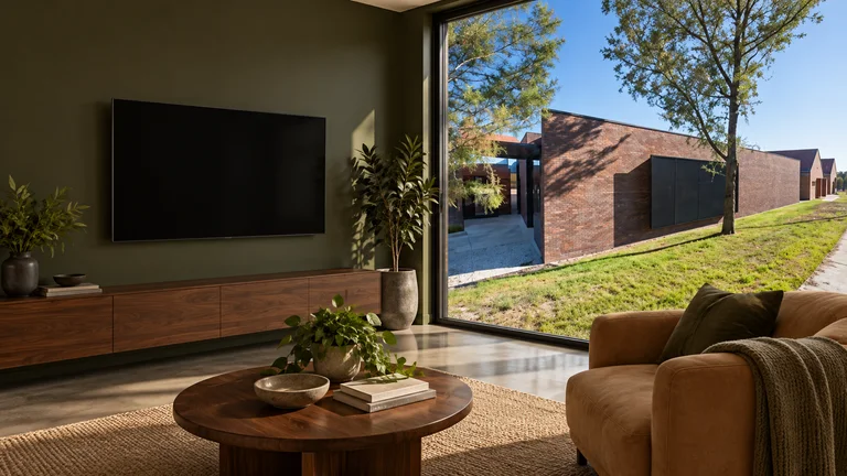 Florey — Room concept with a wall-mounted TV and a view inspired by Florey Primary School multipurpose building.