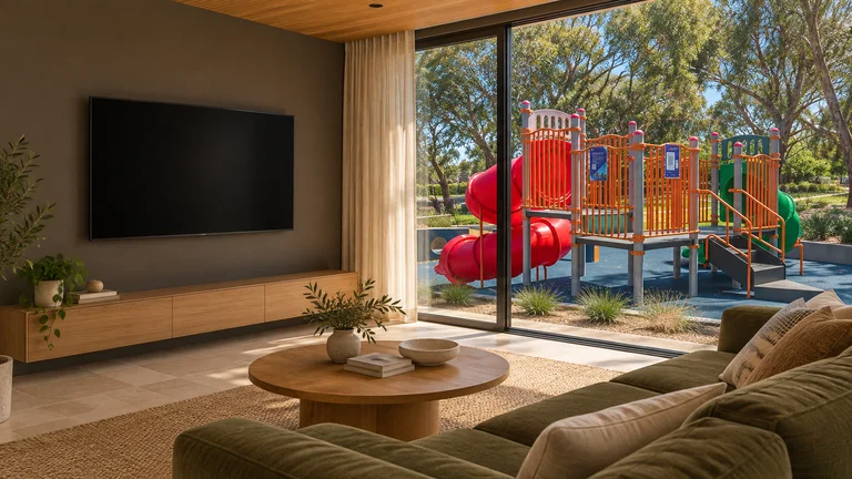Forde — Room concept with a wall-mounted TV and a view inspired by Forde Heritage Park playground.