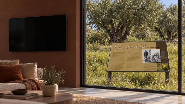 Fraser — Room concept with a wall-mounted TV and a view inspired by Charnwood Homestead historic-site interpretive marker.