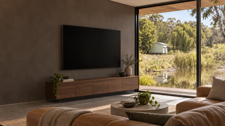 Fyshwick — Room concept with a wall-mounted TV and a view inspired by Jerrabomberra Wetlands bird hide.