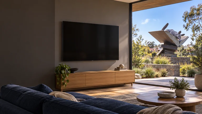 Garran — Room concept with a wall-mounted TV and a view inspired by Tree of Knowledge sculpture.