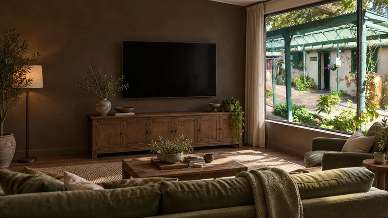 Gilmore — Room concept with a wall-mounted TV and a view inspired by Rose Cottage heritage courtyard.