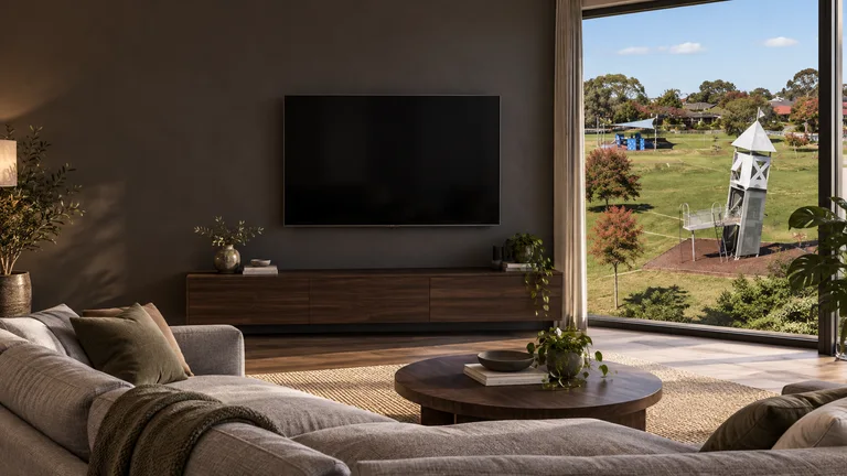 Gordon — Room concept with a wall-mounted TV and a view inspired by Point Hut Pond Park leaning play tower.