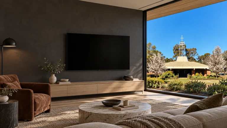 Gowrie — Room concept with a wall-mounted TV and a view inspired by Holy Family Church.