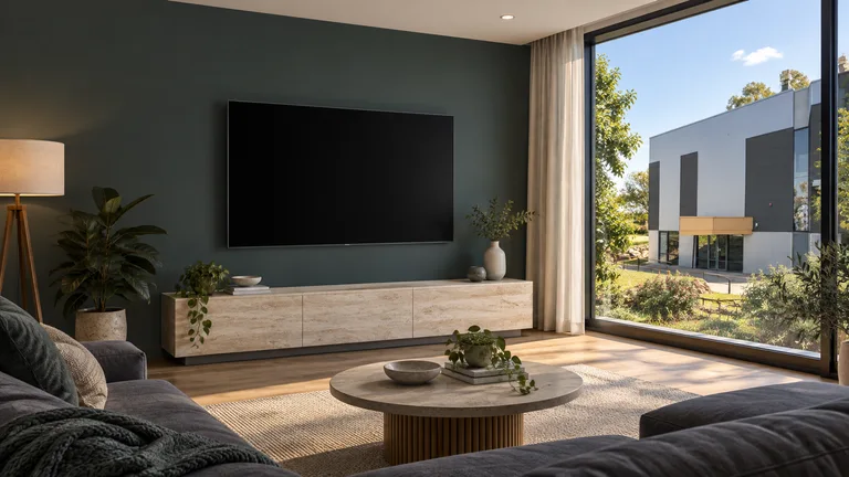 Greenway — Room concept with a wall-mounted TV and a view inspired by Tuggeranong Arts Centre.