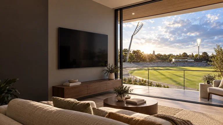 Griffith — Room concept with a wall-mounted TV and a view inspired by Manuka Oval.