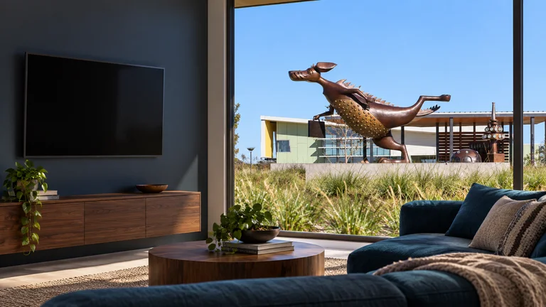 Gungahlin — Room concept with a wall-mounted TV and a view inspired by Alexander Bunyip sculpture.