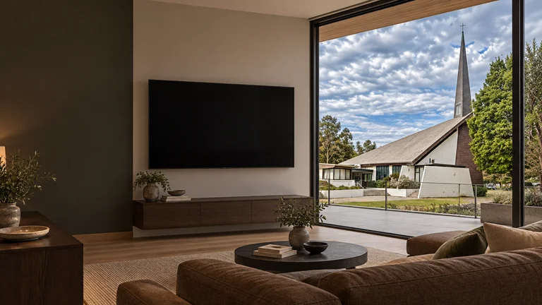 Hackett — Room concept with a wall-mounted TV and a view inspired by Holy Cross Anglican Church.
