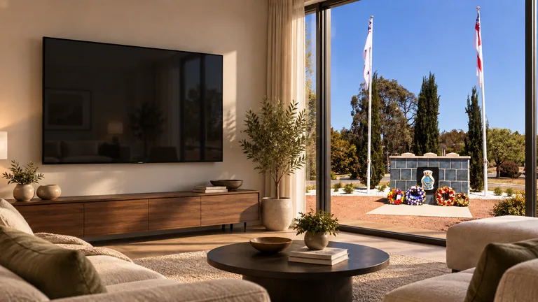 Harman — Room concept with a wall-mounted TV and a view inspired by WRANS Memorial at HMAS Harman.