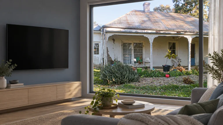 Harrison — Room concept with a wall-mounted TV and a view inspired by Gungaderra Homestead.