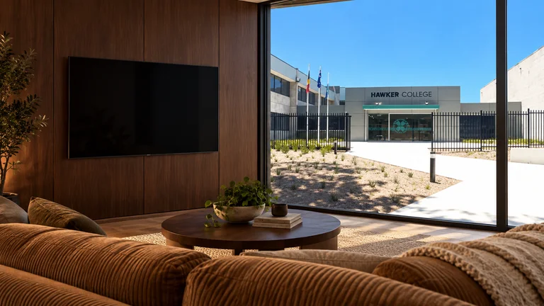 Hawker — Room concept with a wall-mounted TV and a view inspired by Hawker College entrance.