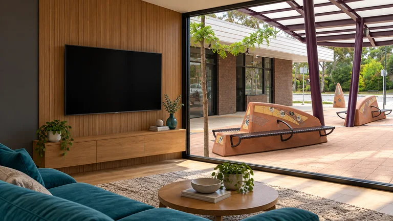 Higgins — Room concept with a wall-mounted TV and a view inspired by Higgins shops ceramic public seating artwork.