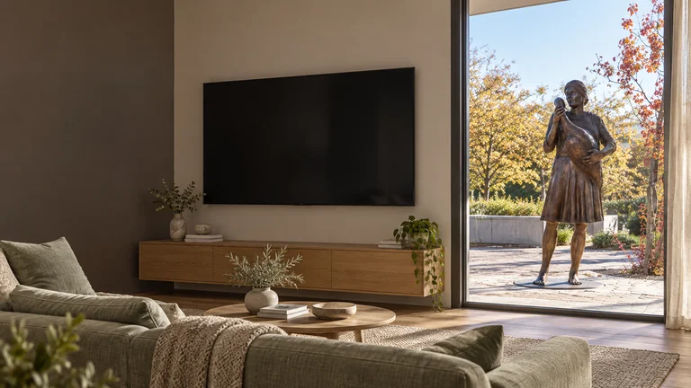 Hughes — Room concept with a wall-mounted TV and a view inspired by A Delicate Moment sculpture.