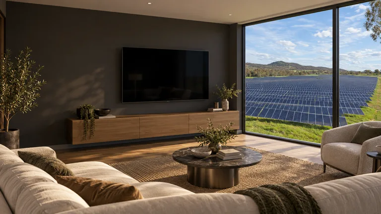 Hume — Room concept with a wall-mounted TV and a view inspired by Mugga Lane Solar Park.