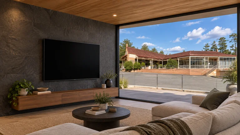 Isaacs — Room concept with a wall-mounted TV and a view inspired by Isaacs Shopping Centre at Farr Place.