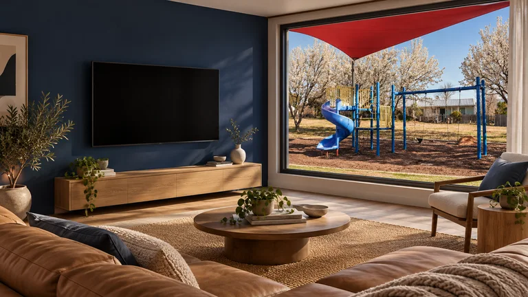 Isabella Plains — Room concept with a wall-mounted TV and a view inspired by Yabtree Place playground.