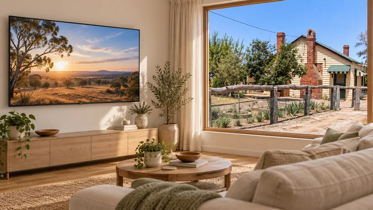 Jacka — Room concept with a wall-mounted TV and a view inspired by Elm Grove Homestead.