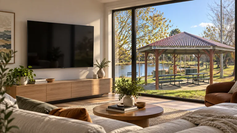 Jerrabomberra — Room concept with a wall-mounted TV and a view inspired by Lake Jerrabomberra Rotary gazebo.